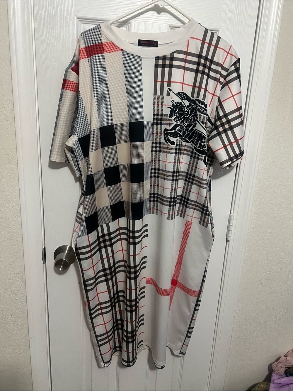 Plaid Midi Dress with Horse Emblem in Black, White & Red